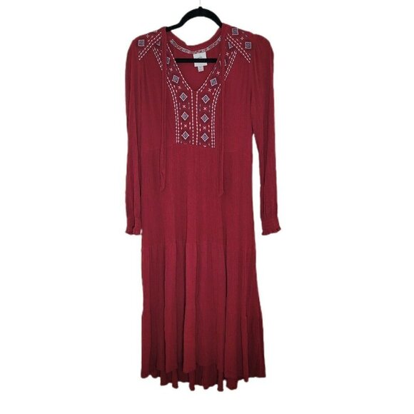 Knox Rose Red Tie-Neck Boho Style Embroidered Maxi Dress Size Small - Picture 3 of 10